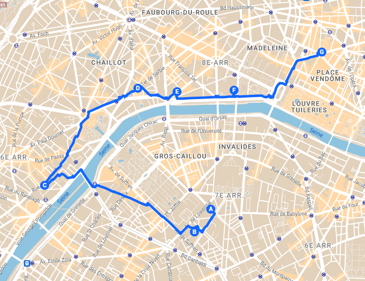 Map showing the second walk in Paris center