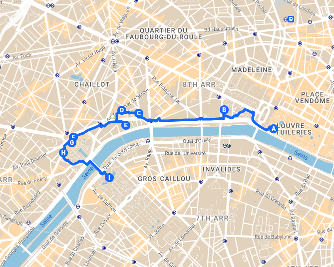 Map showing the first route in Paris center